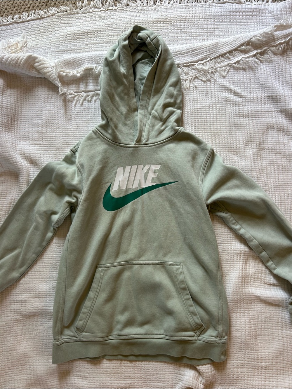 Nike Kids Hoodie in Sage Green with White Logo and Dark Green Swoosh
